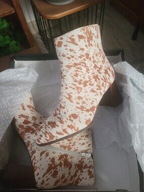 INC Women's Real Calf Fur Cream and Brown Cowprint Ankle Boots
